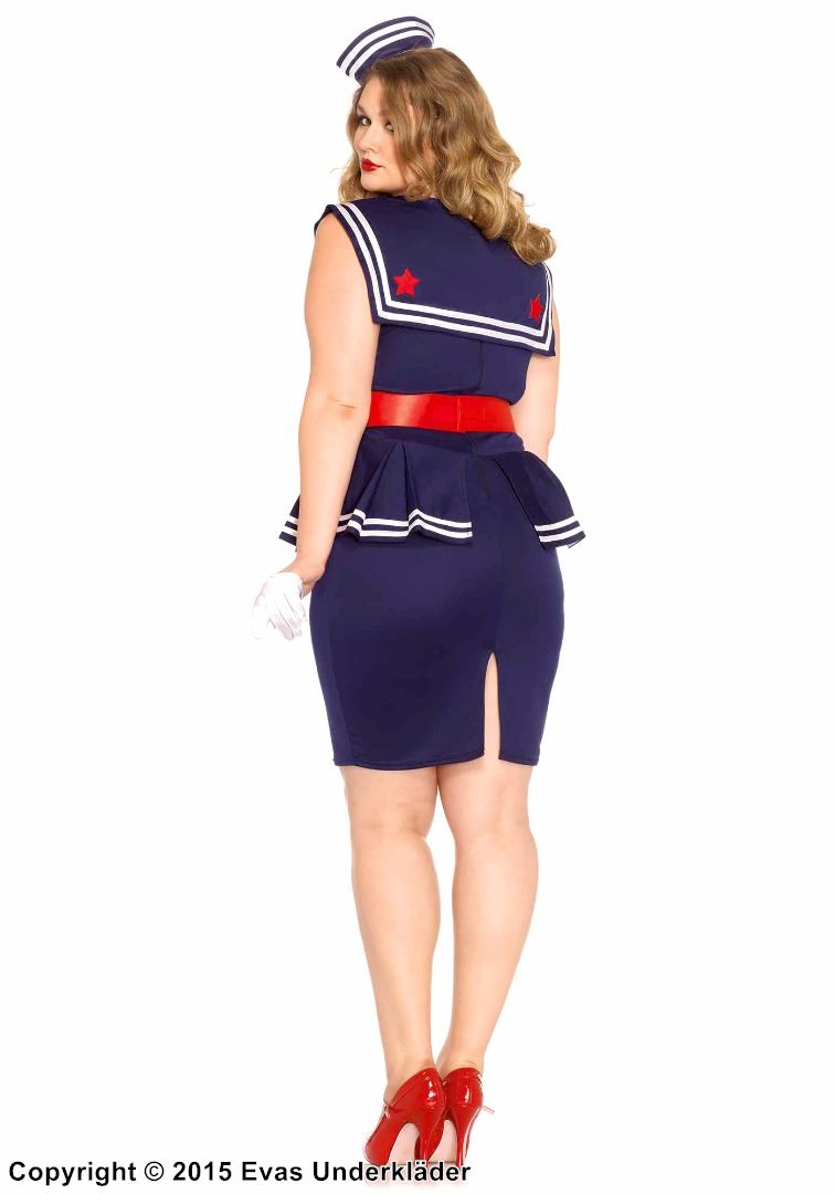Kvinnelig sjømann, kostyme-kjole, stort bånd, folder, striper, XL til 4XL